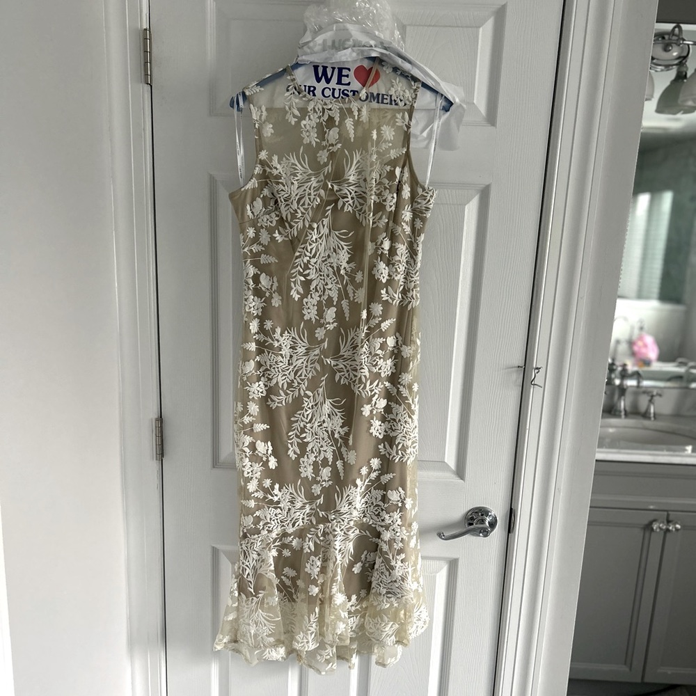 Calvin Klein Nude with White Lace Overlay Sz 4 Midi Dress